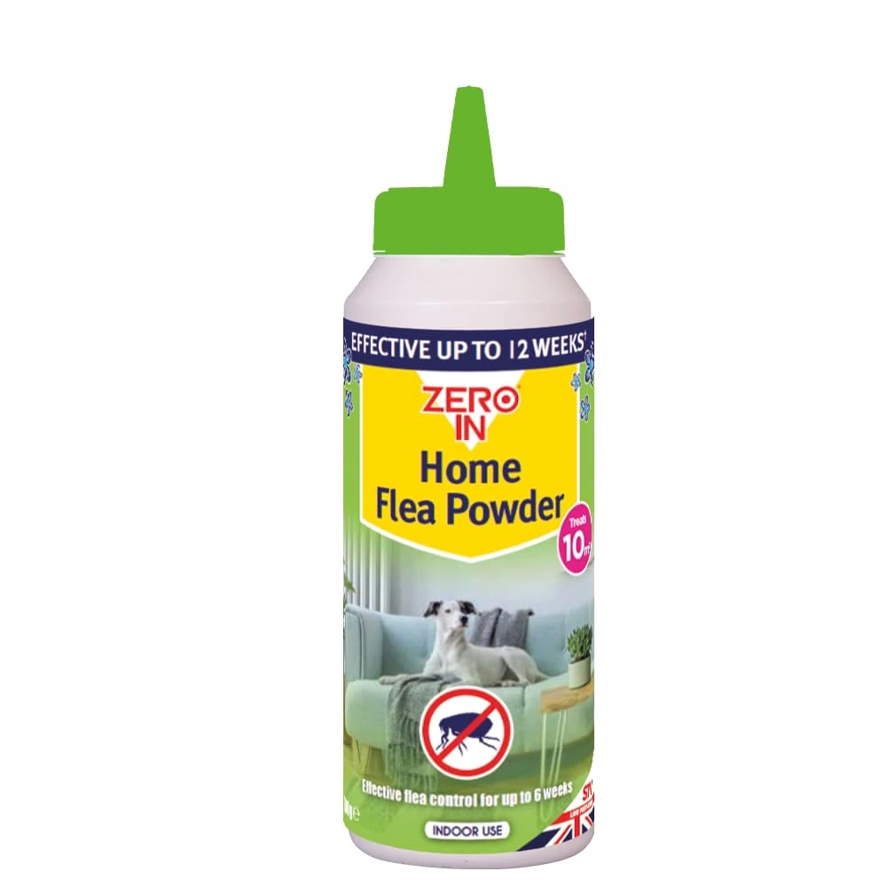 Zero In Home Flea Powder - 300 g. Off-Pet Treatment Controls Fleas and Larvae in the Home, Preventing Reinfestations. Ready-To-Use. Treats Carpets and Soft Furnishings, Green