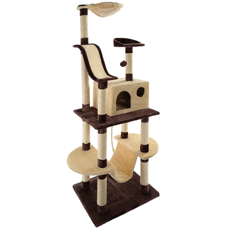 Mool Deluxe Cat Activity Centre and Scratching Tree/Post Pad with Hidey-Hole/Hamak/Multiple Viewing Platforms and Comfy Bed, Large, 176 cm, Beige/Brown