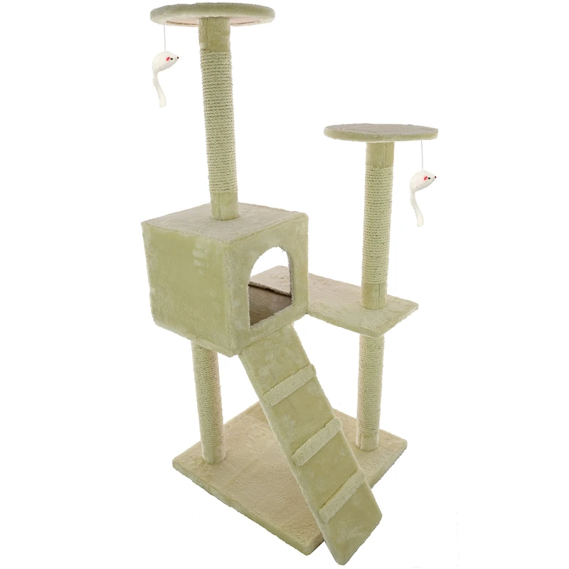 Mool Deluxe Cat Activity Centre and Scratching Tree/ Post with Hidey-Hole/ Multiple Viewing Platforms, Large, 132 cm, Beige