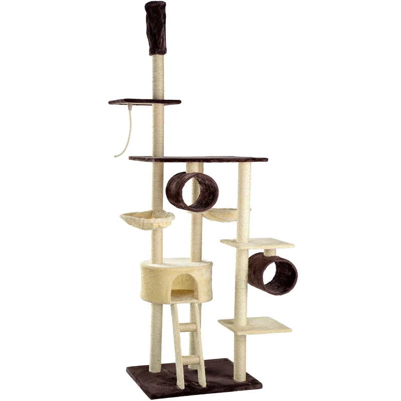 Mool Deluxe Cat Activity Centre and Scratching Tree/ Post with Multiple Hidey-Holes/ Viewing Platforms and Comfy Beds, Extra Large, 240 - 260 cm, Brown/ Beige