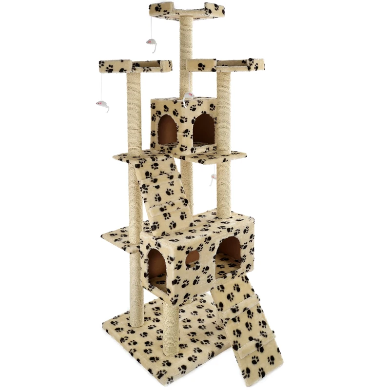 Mool Deluxe Paw Print Cat Activity Centre and Scratching Tree/ Post with Multiple Hidey-Holes/ Viewing Platforms and Comfy Beds, Extra Large, 181 cm, Beige