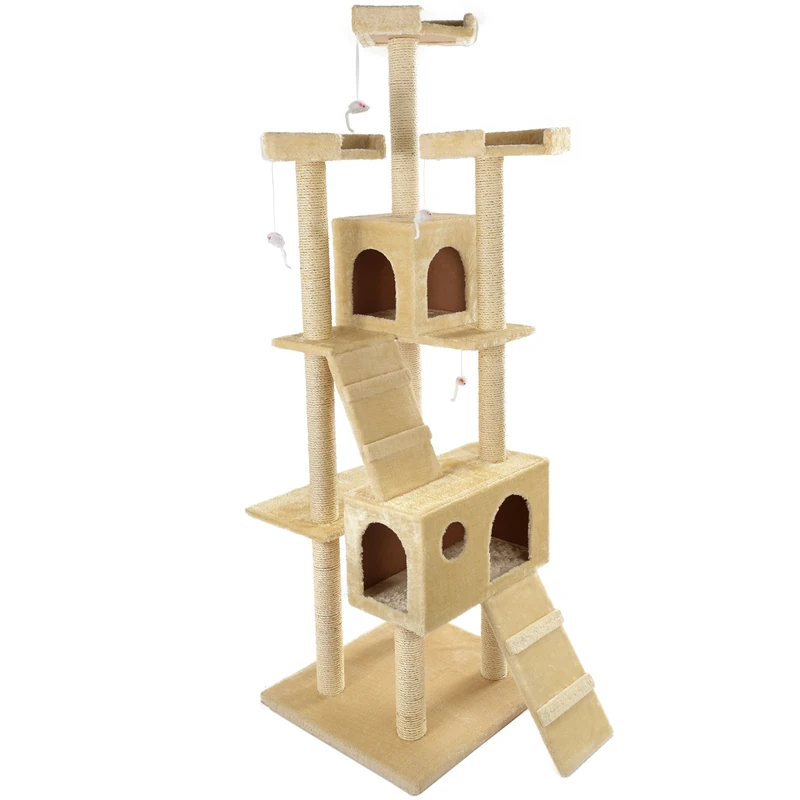 Mool Deluxe Cat Activity Centre and Scratching Tree/Post with Multiple Hidey-Holes/Viewing Platforms and Comfy Beds, Extra Large, 181 cm, Beige