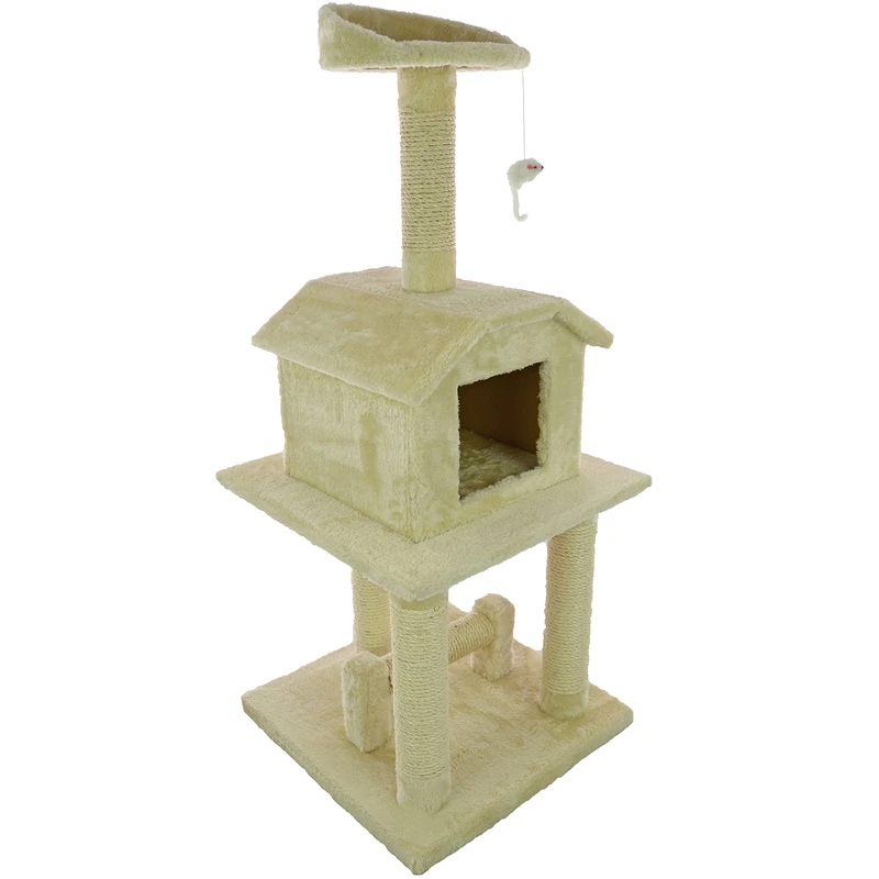 Mool Deluxe Cat Activity Centre and Scratching Tree/ Post with Hidey-Hole and Viewing Platform, 114 cm, Beige
