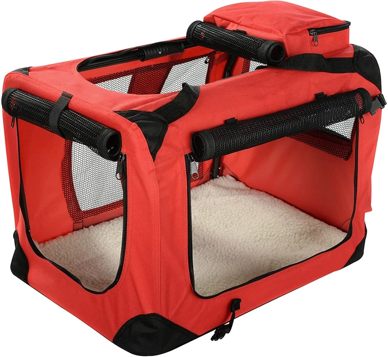 MOOL Lightweight Fabric Pet Carrier Crate with Fleece Mat and Food Bag, Red