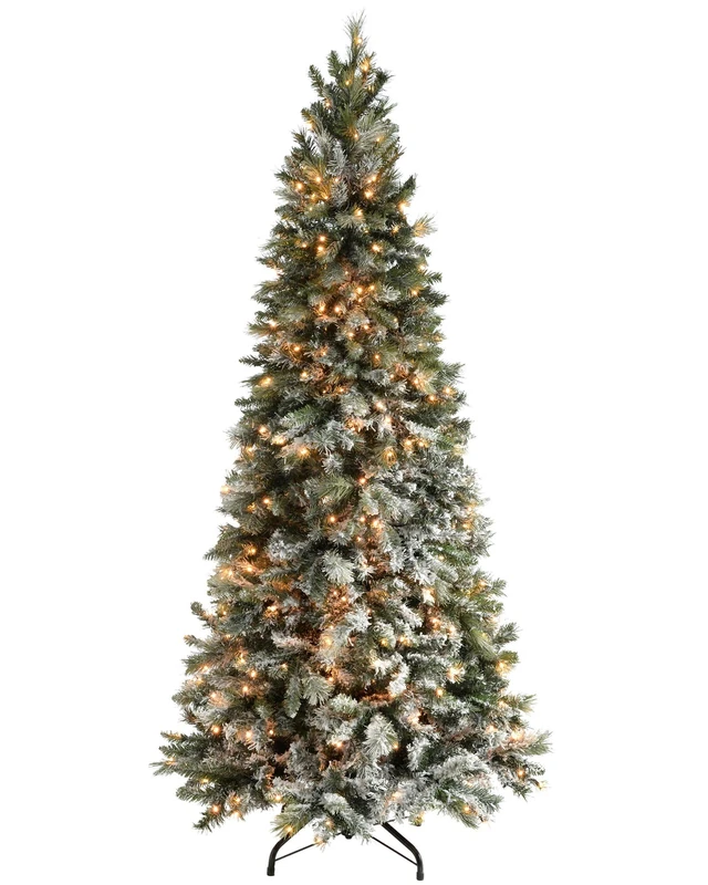 WeRChristmas 6 ft Slim Snow Flocked Spruce Pre-Lit Multi-Function Christmas Tree with 300 Warm White LED Lights/ 8 Setting Controller/ Easy Build Hinged Branches