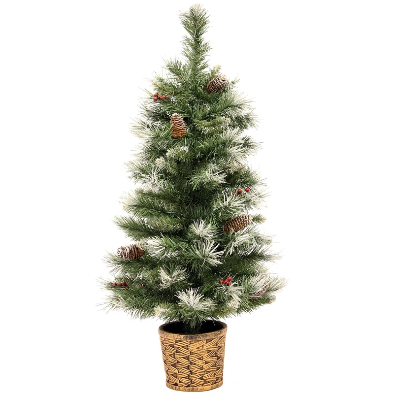 WeRChristmas Scandinavian Blue Spruce Christmas Tree with Pine Cones and Berries in a Gold Resin Pot, 3 feet - Green