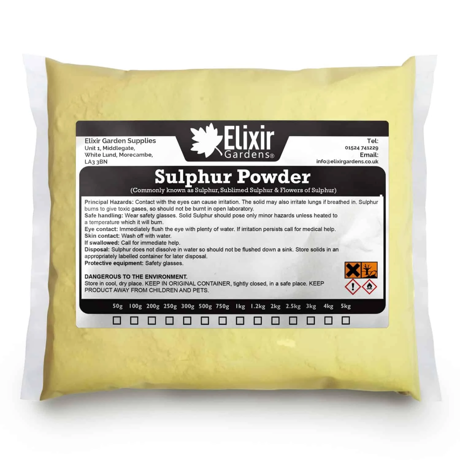 Elixir Gardens Flowers of Sulphur 99.99% Purity Fungicide & Soil Conditioner | Sulphur Powder Fertiliser | Various quantities available from 50g to 5kg | 500g