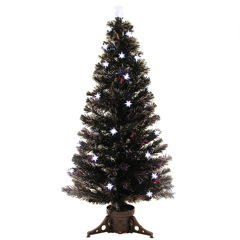 WeRChristmas 6 ft Black Pre-Lit Multi-Colour Fibre Optic Christmas Tree with 40 LED White Stars and Topper