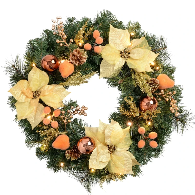 WeRChristmas Pre-Lit Decorated Wreath Christmas Decoration Illuminated with 20 Warm White LED Lights, 60 cm - Copper/Gold