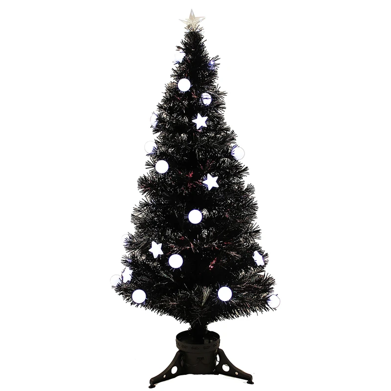 WeRChristmas 5 ft Black Pre-Lit Multi-Colour Fibre Optic Christmas Tree with 27 LED White Stars Baubles and Topper