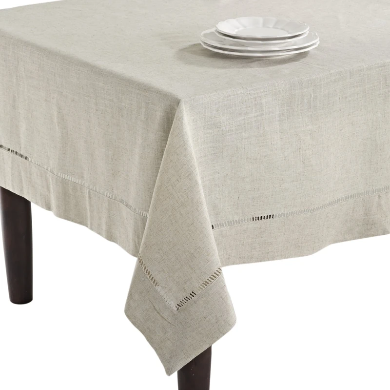 SARO LIFESTYLE Poly and Linen Blend Toscana Tablecloth with Hemstitch Border, Natural, 65"x104"