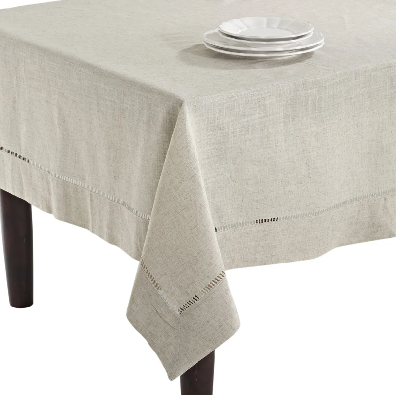 SARO LIFESTYLE Poly and Linen Blend Toscana Tablecloth with Hemstitch Border, Natural, 65"x140"