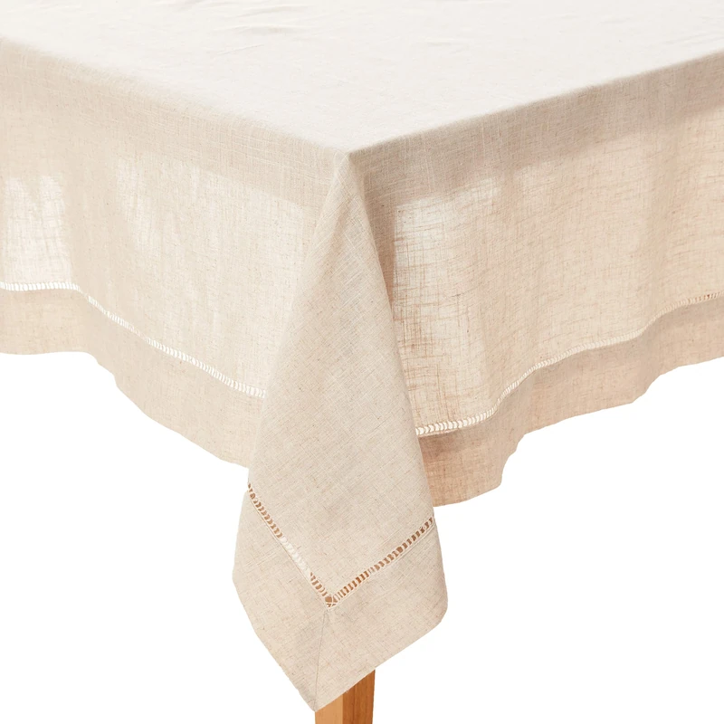 SARO LIFESTYLE Poly and Linen Blend Toscana Tablecloth with Hemstitch Border, Natural, 65"x160"