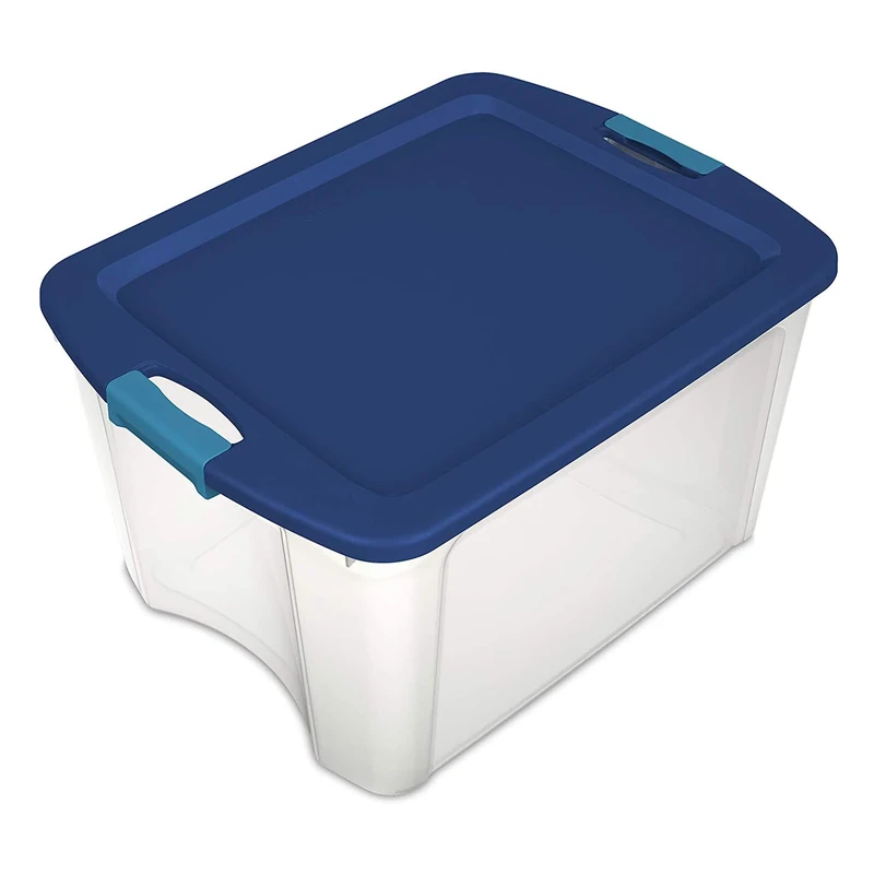 Sterilite 18 Gal Latch and Carry, Stackable Storage Bin with Latching Lid, Plastic Container to Organize Closets, Clear with Blue Lid, 6-Pack