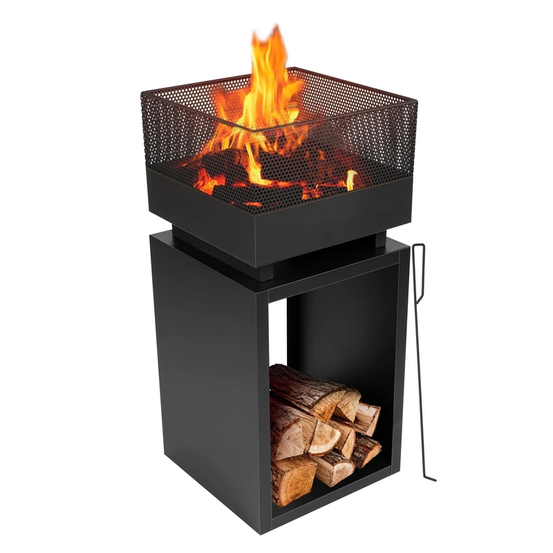 BBQ Collection Fire Basket - Fire Pit - Outdoor for the Garden - Metal - Square: 39 x 39 Cm - Height 85 Cm - with Poker and Spark Screen - Black One Size