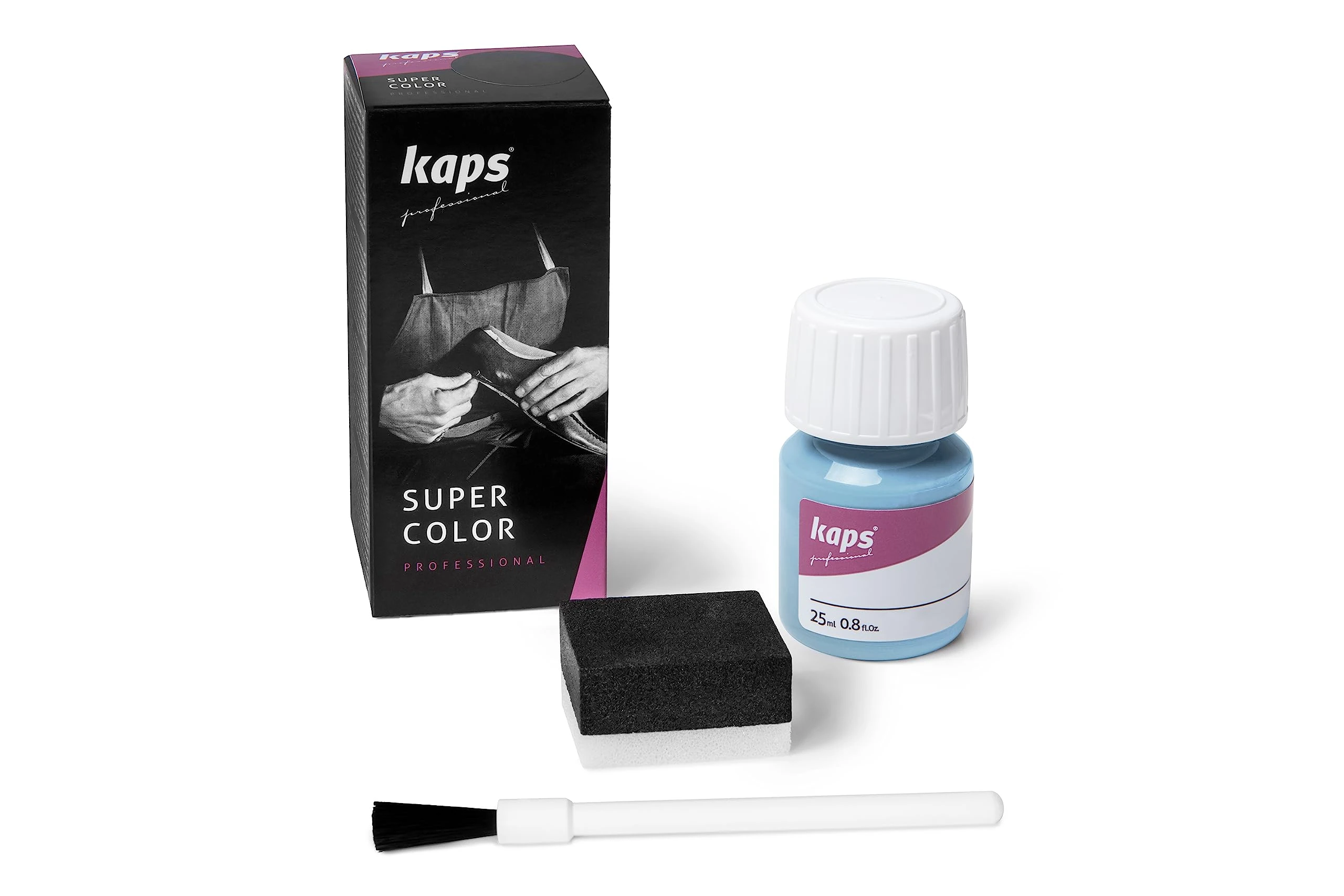 Kaps Super Color, Dye for Natural, Faux Leather and Fabric, Dye for Shoes, Boots and Bags with Sponge and Brush (121 - Sky Blue)