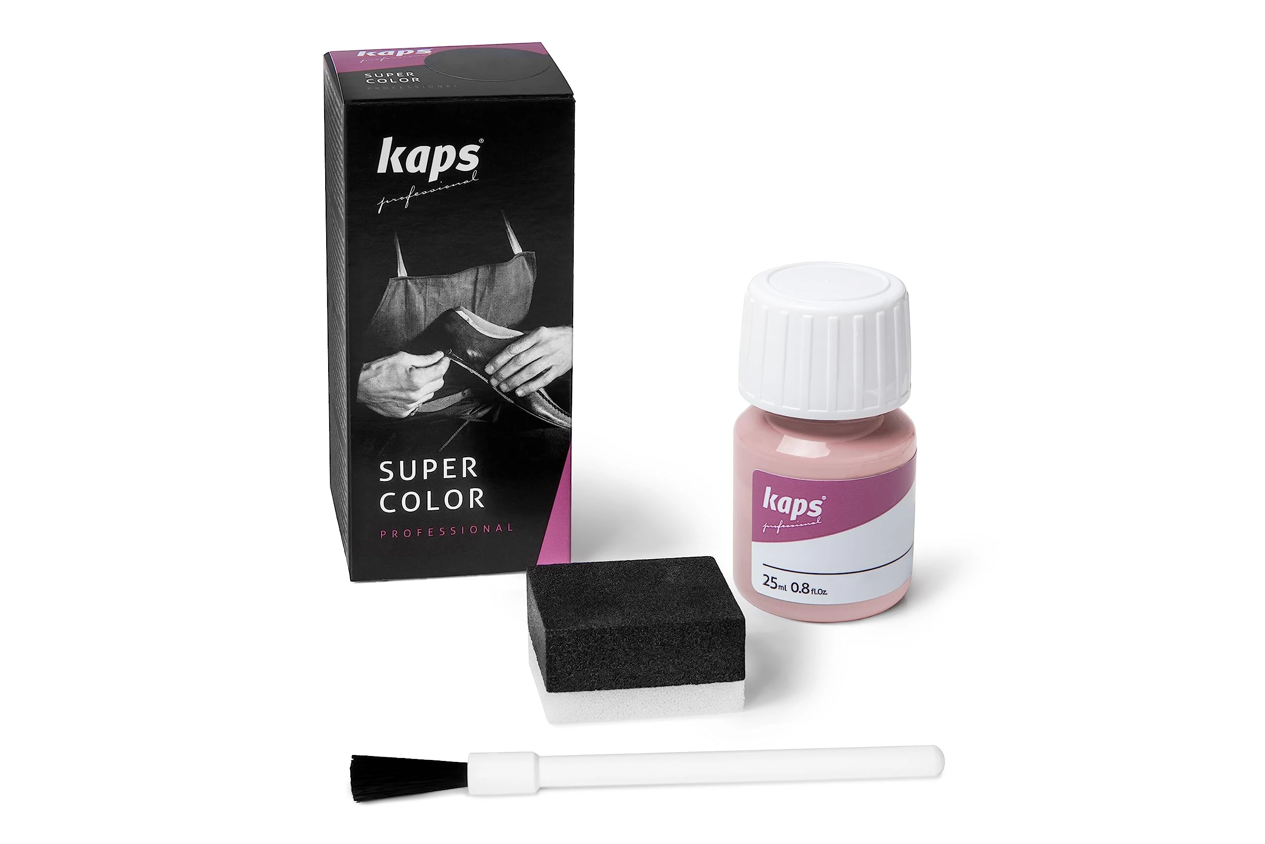 Kaps Super Color, Dye for Natural, Faux Leather and Fabric, Dye for Shoes, Boots and Bags with Sponge and Brush (124 - Rose)