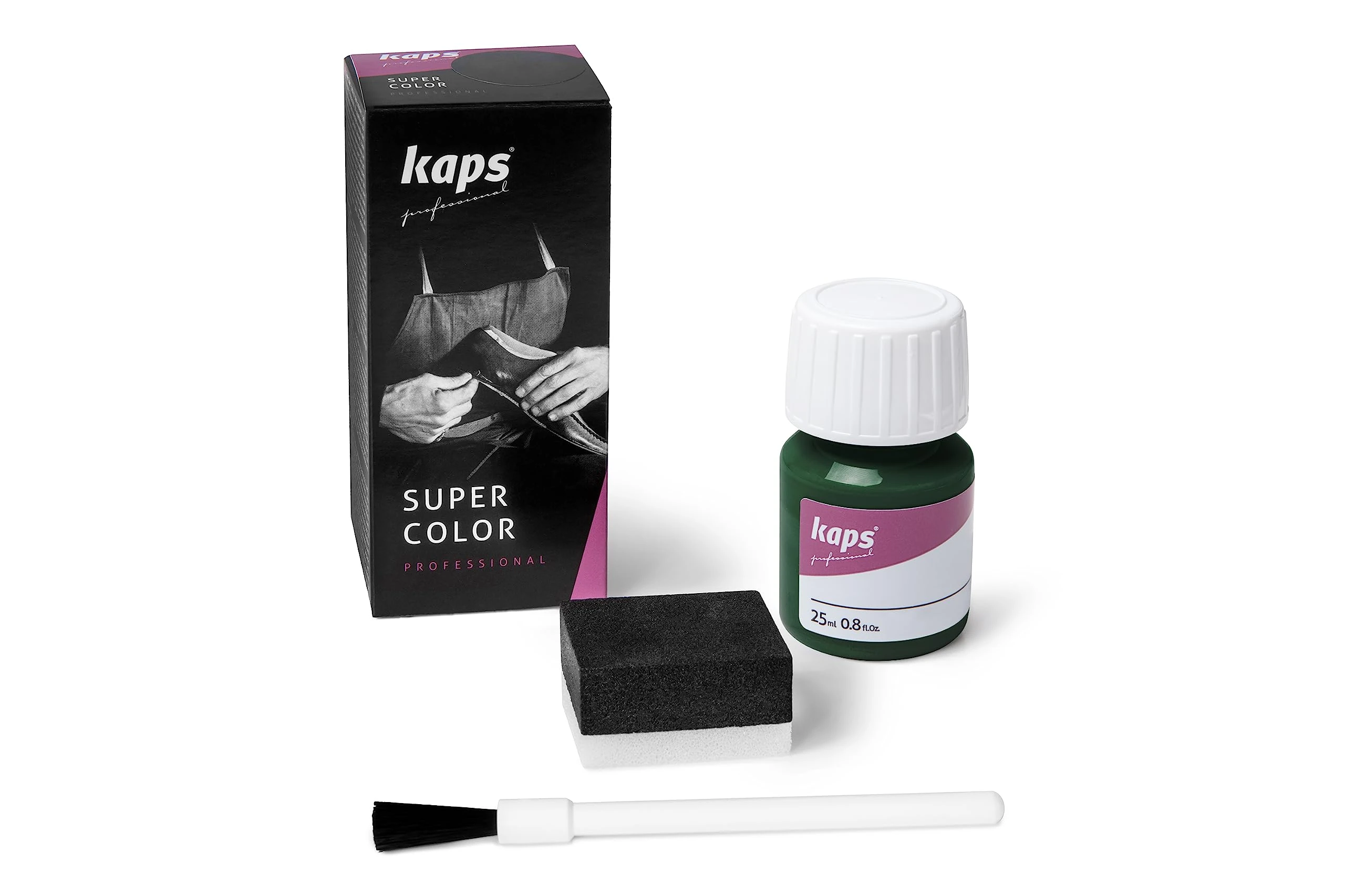 Kaps Super Color, Dye for Natural, Faux Leather and Fabric, Dye for Shoes, Boots and Bags with Sponge and Brush (133 - Dark Green)