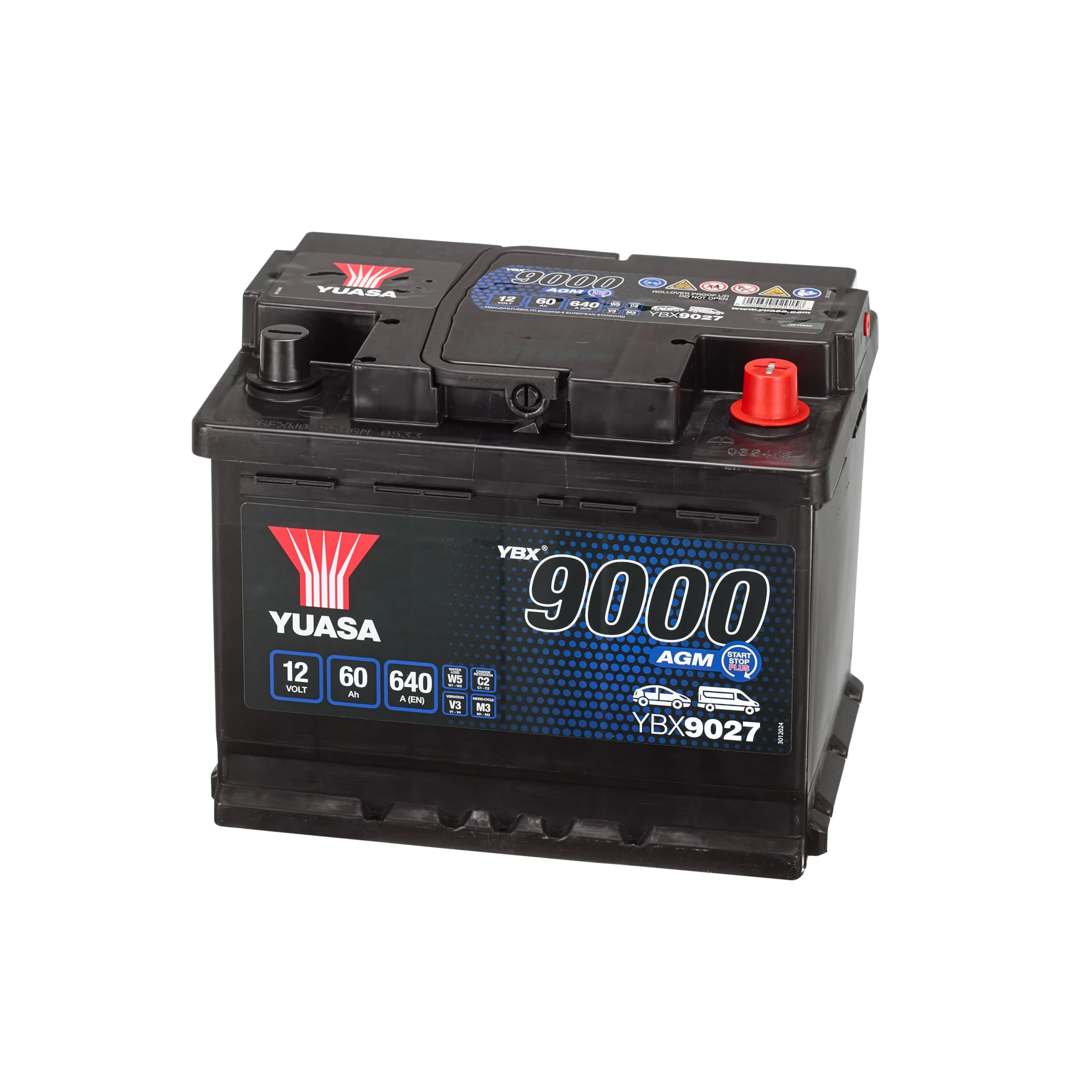 Yuasa YBX9027 12V 60Ah 680CCA AGM Maintenance Free Start Stop Plus Car Battery