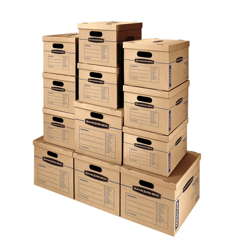 BANKERS BOX SmoothMove Classic Moving Boxes, Tape-Free Assembly, Easy Carry Handles, Brown, Assorted 12 Pack (7716401)