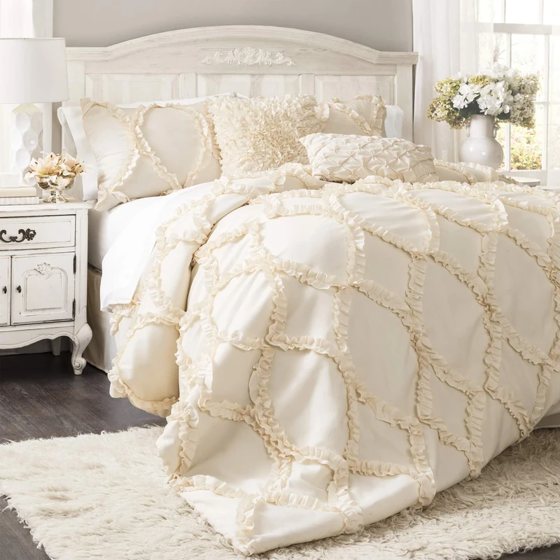 Lush Decor Ivory Comforter Ruffled 3 Piece Set with Pillow Shams, Polyester, queen