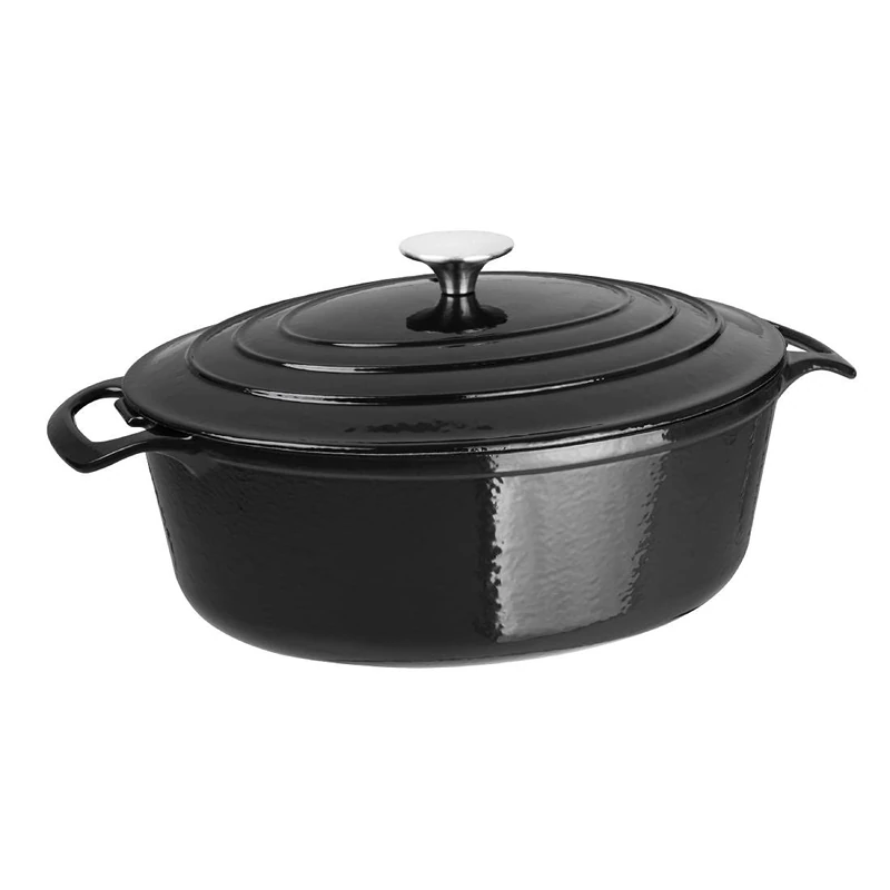 Vogue Oval Enamelled Cast Iron Casserole Dish with Lid - 5 L, Black, Size: 110(H) x 243(W) x 295(D)mm, Induction Compatible, Suits All Oven and Hob Types, Dutch Oven, Commercial and Home Use, GH306