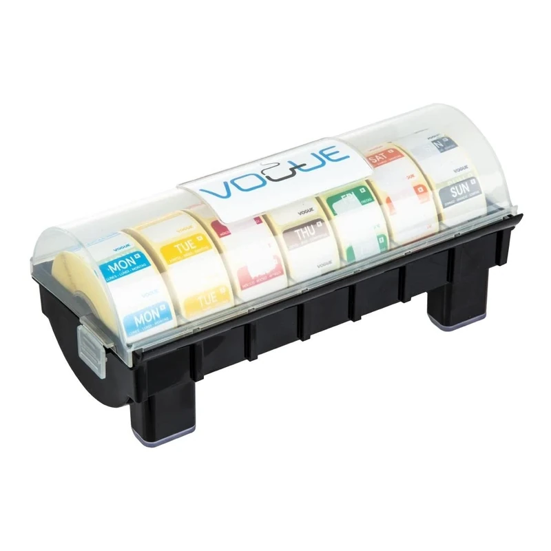 Hygiplas Removable Colour Coded Day of the Week Food Labels with 1 inch Dispenser, Black Dispenser & Multi-Coloured Labels, Includes 7 Packs of 1000 Labels, GH473