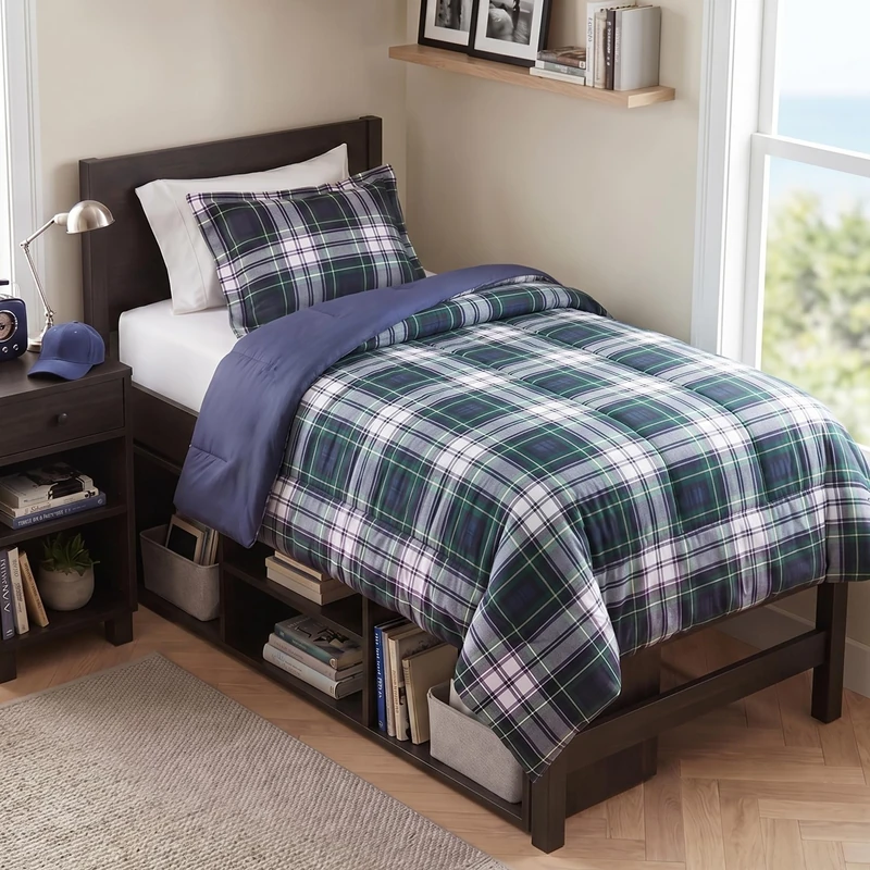 Madison Park Plaid Comforter, Matching Sham, 3M Scotchguard Stain Release Cover, Hypoallergenic All Season Bedding-Set, Microfiber, Navy, Twin/TwinXL - Image 1
