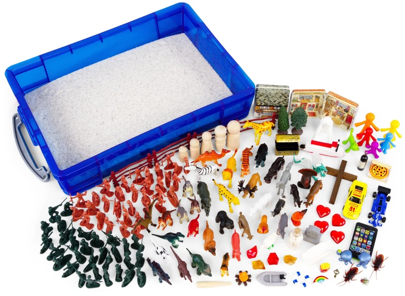 Play Therapy Sand Tray Basic Portable Starter Kit with Tray, Sand, and Miniatures