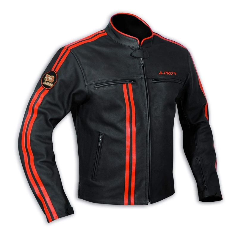 A-Pro Men’s Leather Jacket Biker Motorcycle CE Protectors Armored Orange L