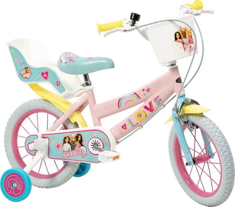 Toimsa Barbie Love 14 inch Bicycle, Kids Bike learn to ride, with training wheel stabilisers and mudguard, for children/youth age 4-6 Years, Pink and Yellow