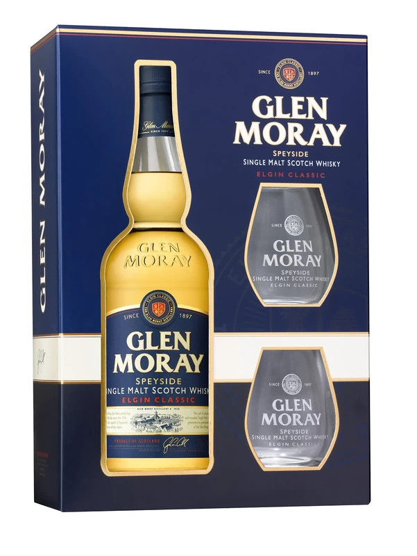 Glen Moray Classic single malt Scotch whisky 70cl 40% ABV with 2 whisky glasses, Speyside region whisky matured in Bourbon casks with 2 whisky glasses. Distilled and matured in Elgin