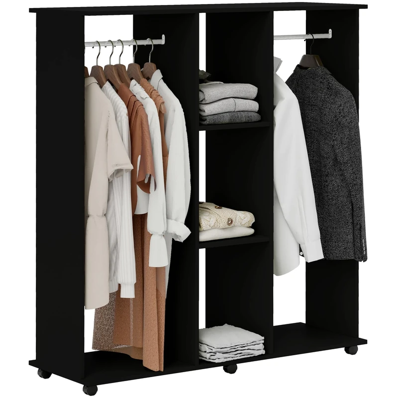 HOMCOM Double Open Wardrobe on Wheels, Bedroom Wardrobe with Clothes Hanging Rails, 3 Storage Shelves, Mobile Garment Rack for Cloakroom, Hallway, Black