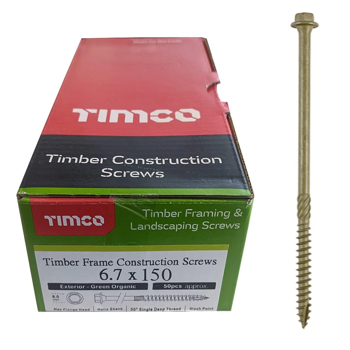 TIMCO 150IN Index Hex Head Timber Screw 6.7x150 - Organic Green (Box of 50)