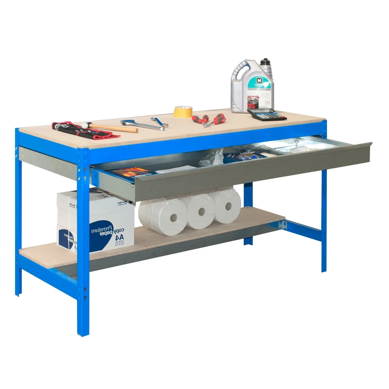 Simon Rack BT0 Workbench, Load Capacity 400 kg, 842 x 910 x 610 mm, Storage Drawer Shelf, DIY Work Table, Blue/Wood