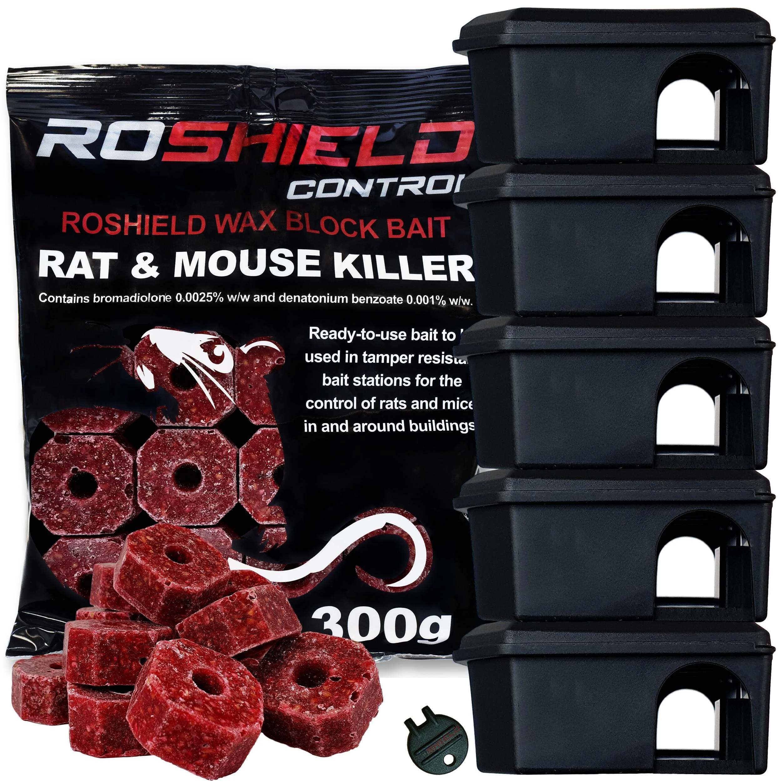 ROSHIELD 5 Black Mouse Tamper-Resistant Locakable Bait Boxes & 15 Killer Poison Wax Blocks | Mice Control Kit for Homes & Buildings (1 x 300g)