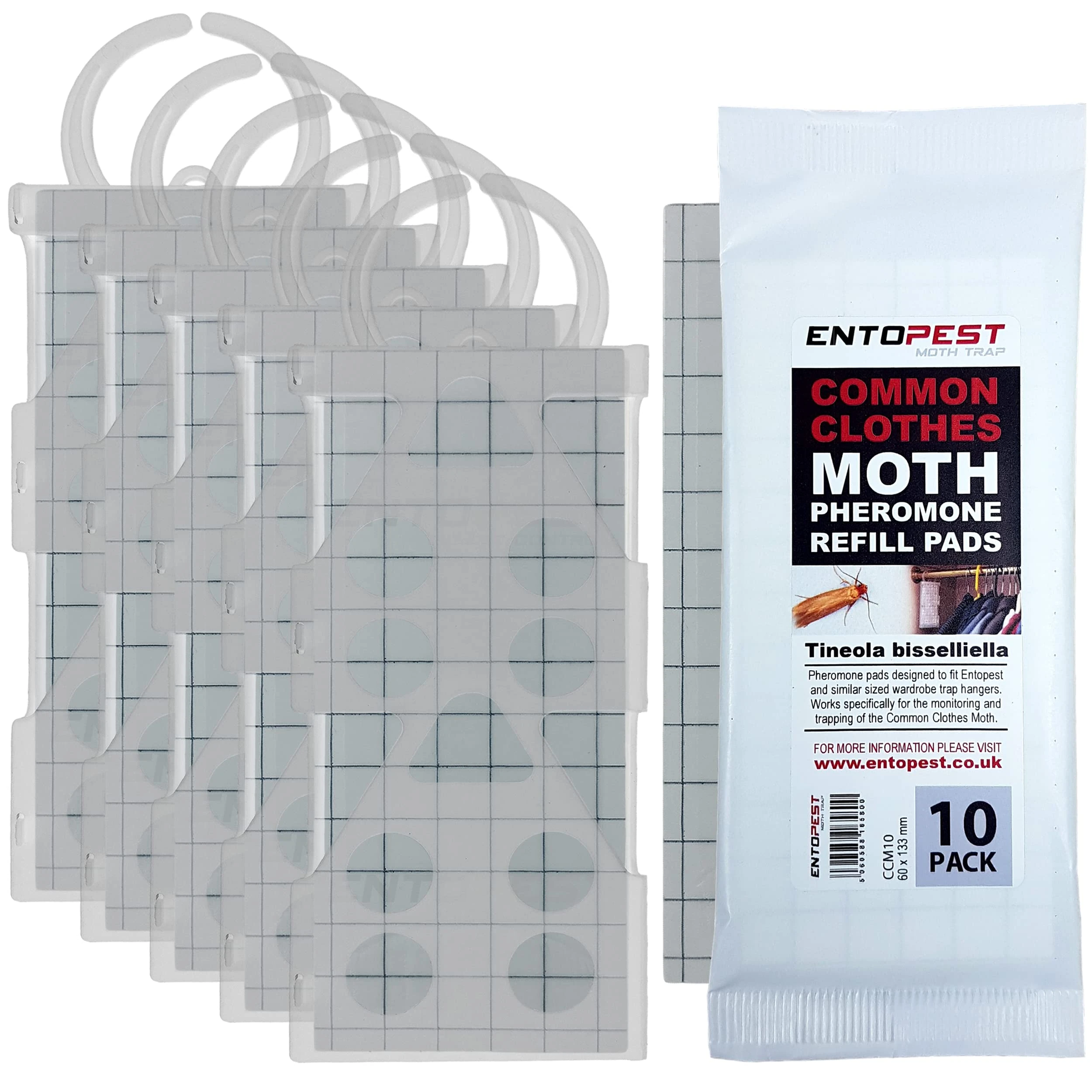 Entopest Monitoring Moth Traps | 10 Refill Pads & 5 Reusable Hangers | Clothes Moth Detection | Sticky Monitoring Pads for Wardrobes | Pheromone-Based Monitoring Only