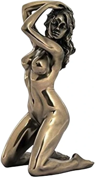 US 7.13 Inch Nude Female Statue with Hands on Hair, Bronze Color - Image 1