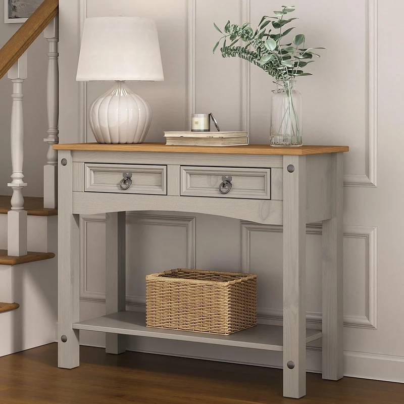 Corona Console Table Grey 2 Drawer Mexican Solid Pine