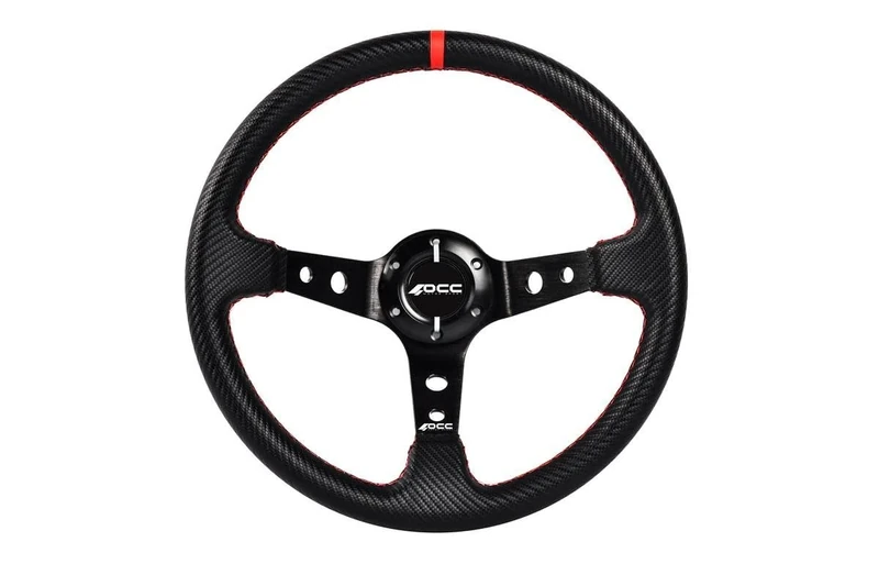 OCC MOTORSPORT OFFSET STEERING WHEEL TRACK MODEL VINYL CARBON LOOK BLACK ARMS - 90 MM FULL DISH WHEEL - 350MM (14 INCH)