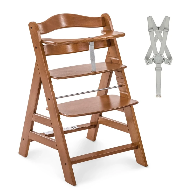 hauck Alpha+, Walnut - Wooden High Chair 6 Months to Adult Sustainable FSC® Certified Beechwood Toddler Feeding and Entertainment Chair, Inclusive 5-Point Harness Bumper Bar Crotch Strap