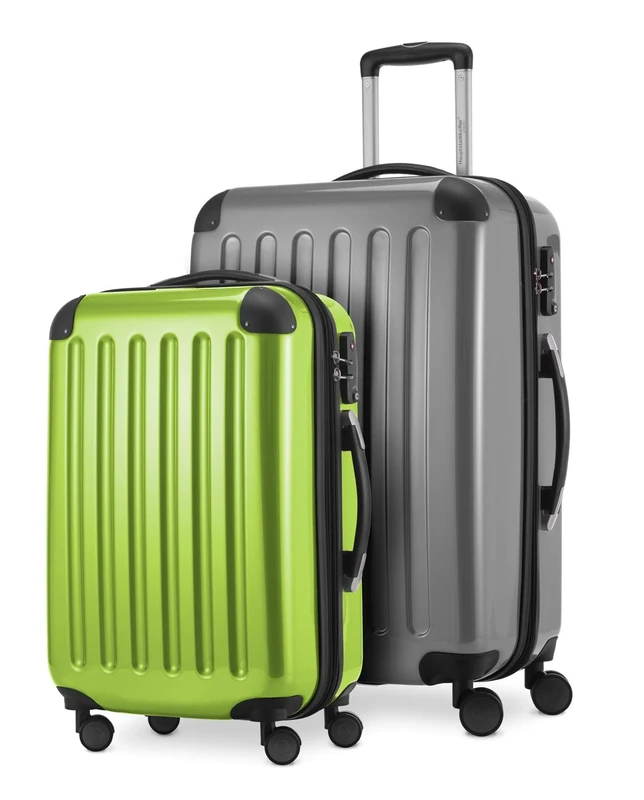 HAUPTSTADTKOFFER® · Two-Piece Hard-Side suitcases Set high Gloss · Cabin Luggage 45 Liter (55 x 35 x 20 cm) + Suitcase 87 Liter (63 x 42 x 28 cm) · TSA Combination Lock (Silver-applegreen)