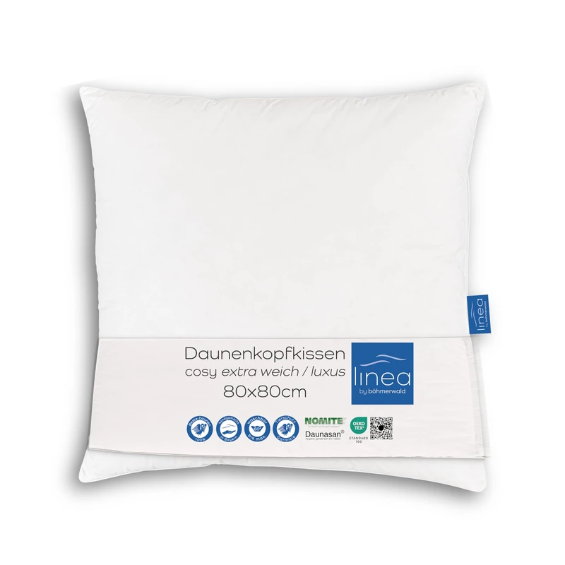 linea by Böhmerwald Cosy Luxury Pillow, Extra Soft, 80 x 80 cm, 100% White Down, Suitable for Allergy Sufferers, Washable up to 60 °C, Made in Germany, White