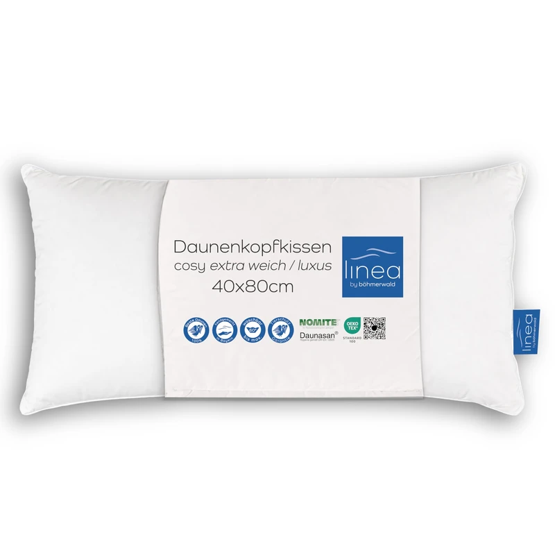 linea Böhmerwald Luxury Pillow, 100% Down, Filling Weight: 300 g, Support Comfort: Extra Soft, 40 x 80 cm, White, 1 Piece (Pack of 1)