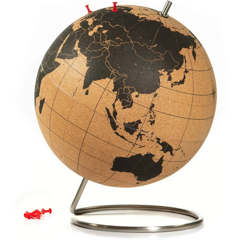 Suck UK Cork Globe | World Map Globe | Interactive Map | Push Pins Included | Desk Accessories | Office Decor | Educational Geography Gifts | Stainless Steel Stand | Desktop Display | Large - 30cm