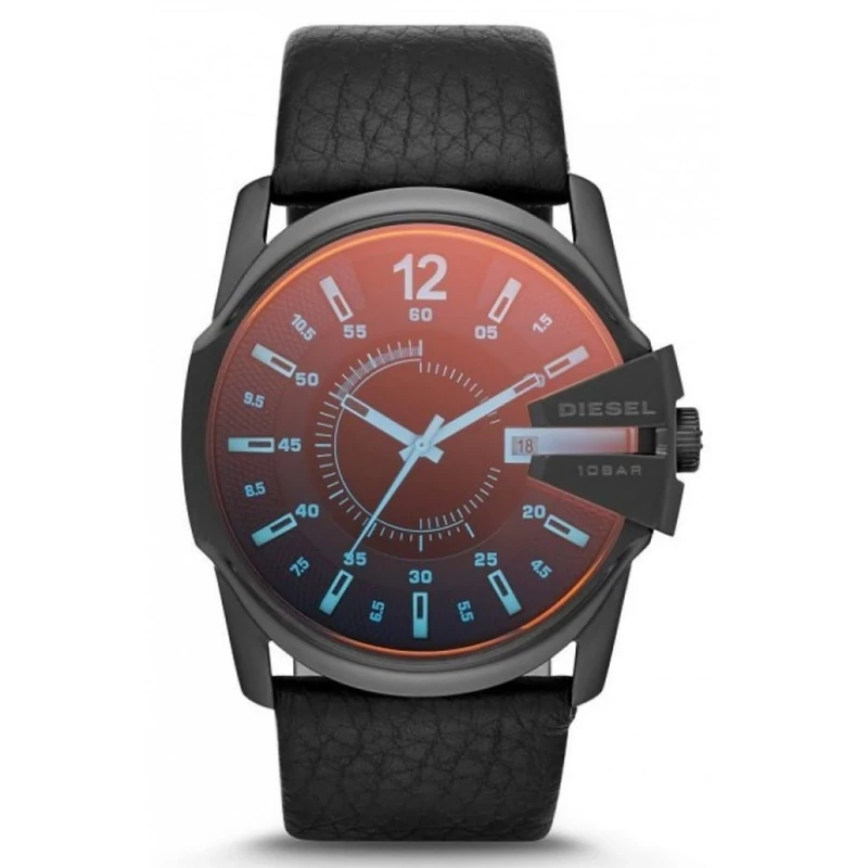 Diesel Watch for Men Master Chief, Two Hand Date Movement, 45 mm Black Stainless Steel Case with a Leather Strap, DZ1657