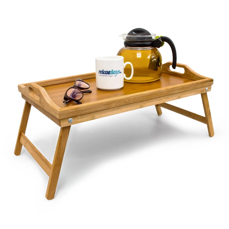 Relaxdays Bamboo Wooden Breakfast in Bed Tray, 50 x 30 x 23 cm Serving Tray With Folding Legs And Handles, Natural Brown - Image 1