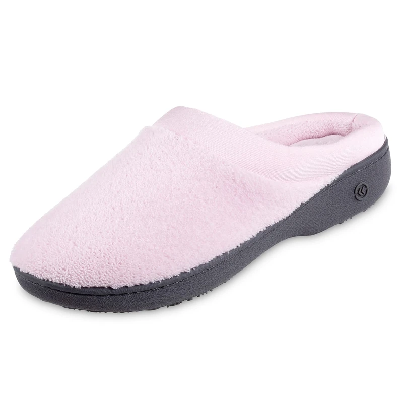 Isotoner Women's Terry and Satin Slip on Cushioned Slipper with Memory Foam for Indoor/Outdoor Comfort Flat Sandals, Petal Pink, Large - Image 1