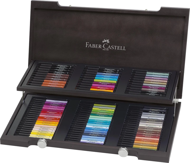 Faber-Castell Art & Graphic Pitt Artist Pen India Ink Pen, Multicoloured, Wooden Case Of 90, For Art, Craft, Drawing, Sketching, Home, School, University, Colouring