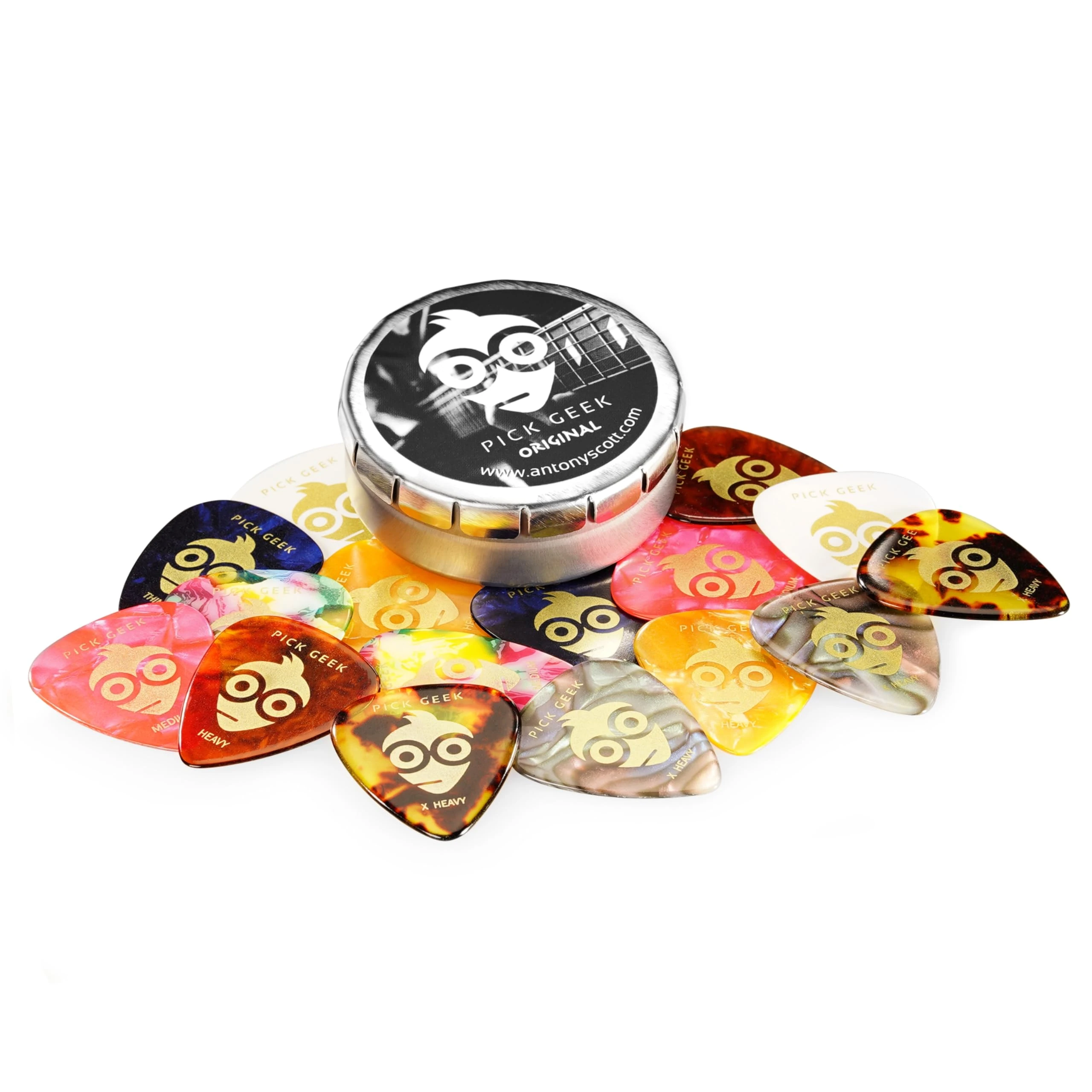 Pick Geek Guitar Picks | 16 Cool Custom Guitar Picks for your Electric, Acoustic, or Bass | X Heavy, Heavy, Medium, & Light | Presented in a Luxury Designed Metal Pocket Box | for Girls & Guys
